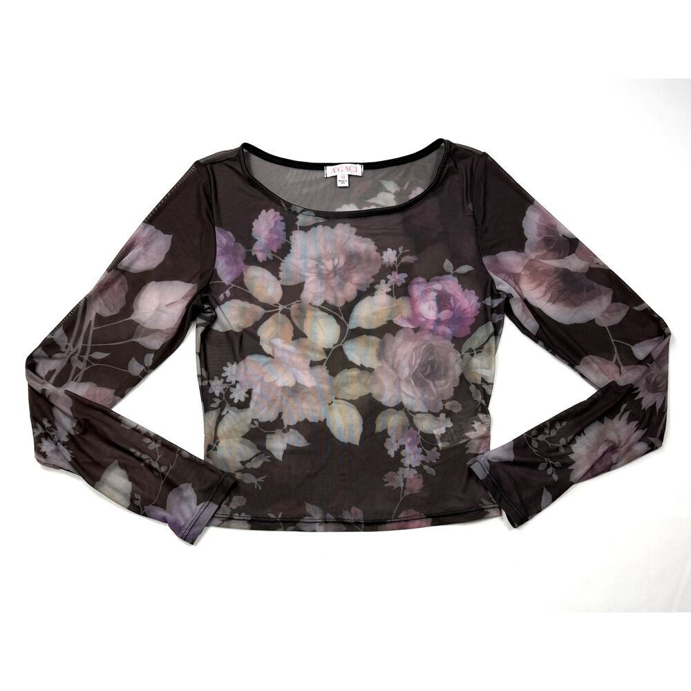 Agaci Sheer Black Floral Long Sleeve Crop Top